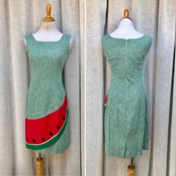 Sharon Young 1980’s green white gingham plaid dress with watermelon appliqué - Picture 1 of 6
